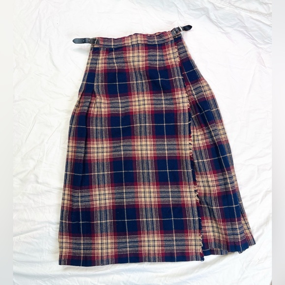 True vintage maroon burgundy navy blue cream wool midi kilt skirt - Picture 2 of 8